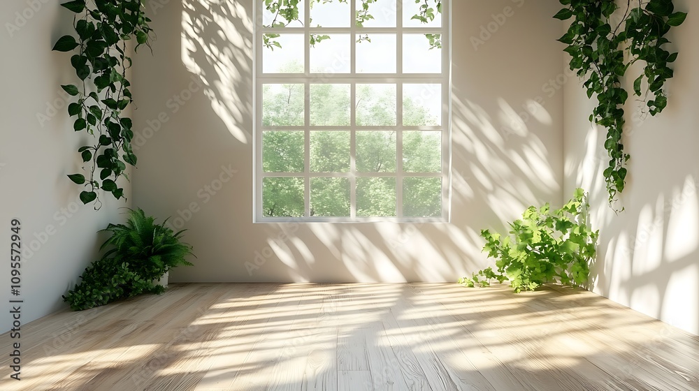 Fototapeta premium white empty room with shadow window and green plant on white wall luxury background and wooden floor 