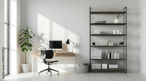 A cozy living room corner featuring a black bookshelf filled with books, potted plants, and decor. A gray sofa with a white cushion and a window bringing in natural light complete the serene ambiance.