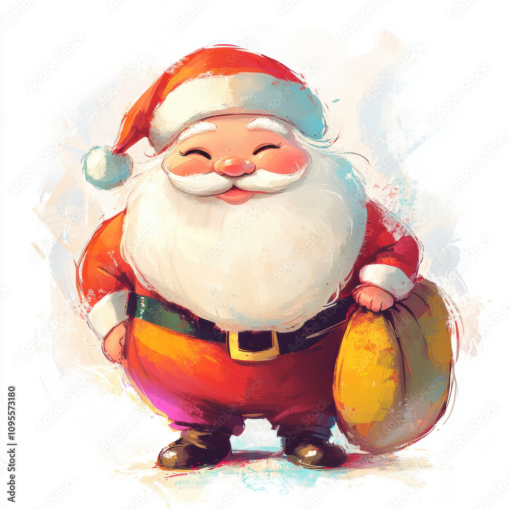 Obraz premium Cute Santa carrying gift bag. Christmas holiday greeting card design background template.