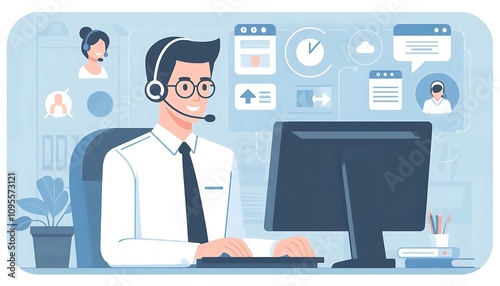 call center agent using a headset and computer to assist customers flat design illustration.