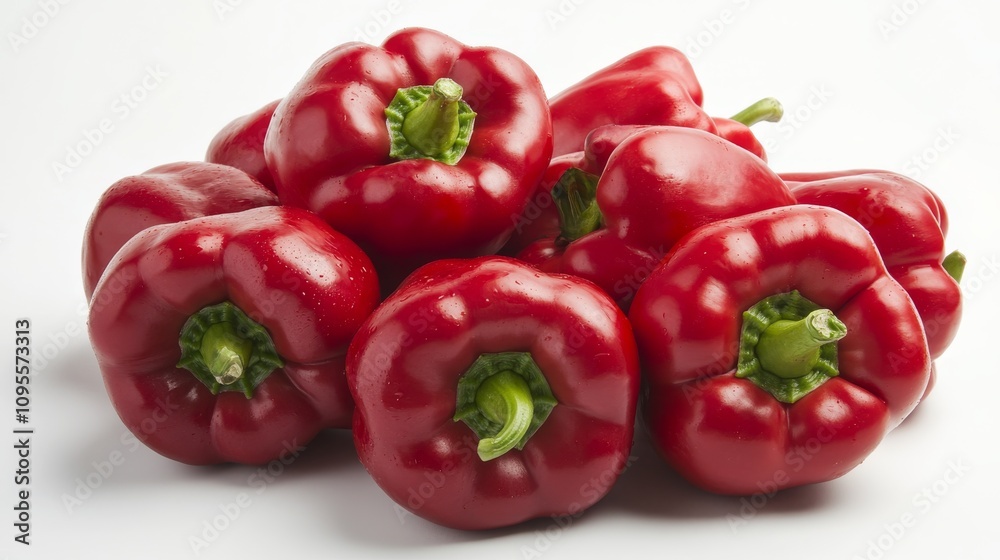 A fresh bunch of red bell peppers with their vibrant red color and smooth skins, Each pepper’s bright red color and subtle imperfections captured with precision A fresh bunch of red bell peppers with their vibrant red color and smooth skins, Each pepper’s bright red color and subtle imperfections captured with precision