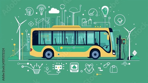 of an electric bus plugged into a charging station surrounded by clean energy icons and symbols representing sustainable transportation and renewable power photo