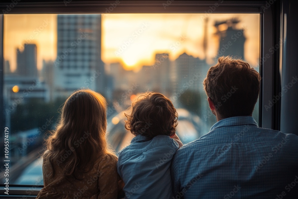 Obraz premium Family enjoys sunset views from train window while traveling through urban landscape with silhouettes of city skyline