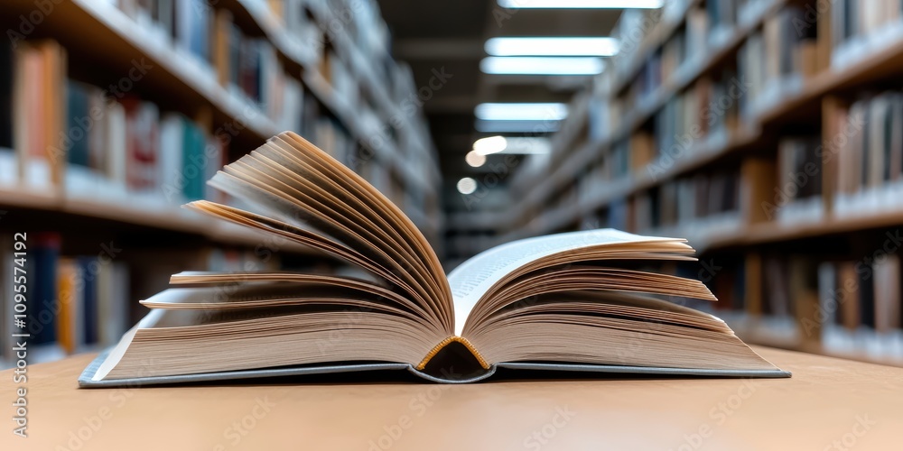 Open book displayed in bookstore blurred shelves background still life composition cozy atmosphere close-up shot Open book displayed in bookstore blurred shelves background still life composition cozy atmosphere close-up shot