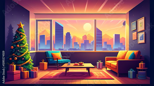 room with table and chairs, big windows, city view, sunset view, sunrise view, bright color and vivant color illustration photo