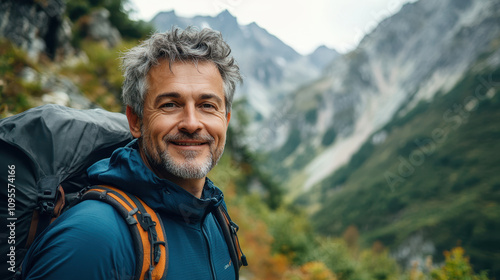 Happy mid aged man hiking mountain trail with scenic background. He enjoys nature and adventure, showcasing sense of fulfillment and joy in great outdoors