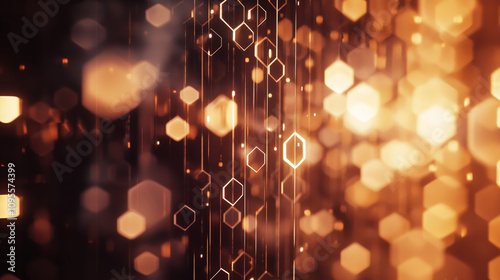 Abstract golden hexagonal bokeh with glowing geometric lines 