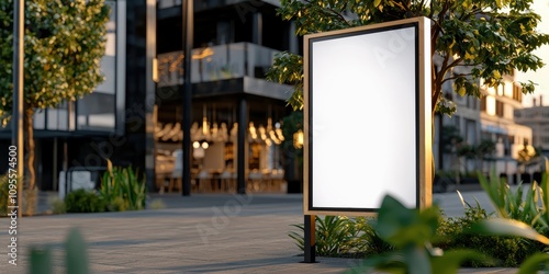 Blank white advertising banner near restaurant entrance in urban environment for marketing strategy