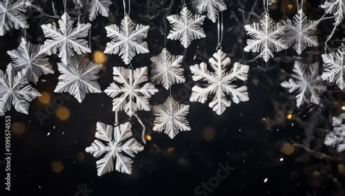 Intricately detailed snowflakes falling over a dark, festive background, highlighted by gentle light reflecting their icy structures.