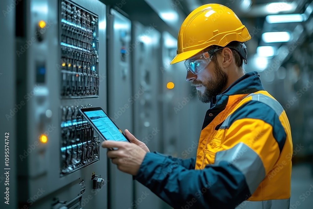 Electrician in high-visibility gear working diligently on a technical project Electrician in high-visibility gear working diligently on a technical project