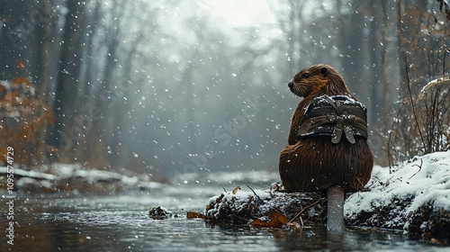 photography, high detail, year 1780, late autumn with snow, a ground-level extreme close up photograph of a beaver sitting on the banks of a snowy stream, the beaver is wearing colonial soldier photo