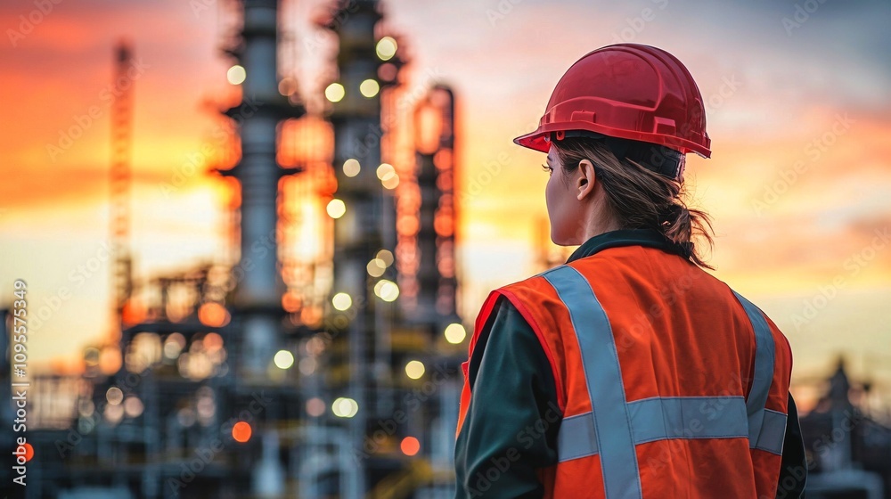 Woman Engineer at Refinery Sunset Industrial Safety Energy Production Woman Engineer at Refinery Sunset Industrial Safety Energy Production