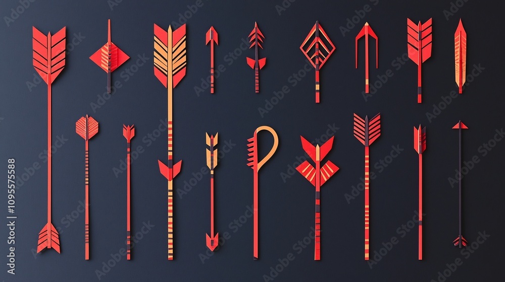Set of paper cut style arrow icons with layered designs in different sizes shapes and directional orientations against a dark background Minimalist geometric Set of paper cut style arrow icons with layered designs in different sizes shapes and directional orientations against a dark background Minimalist geometric