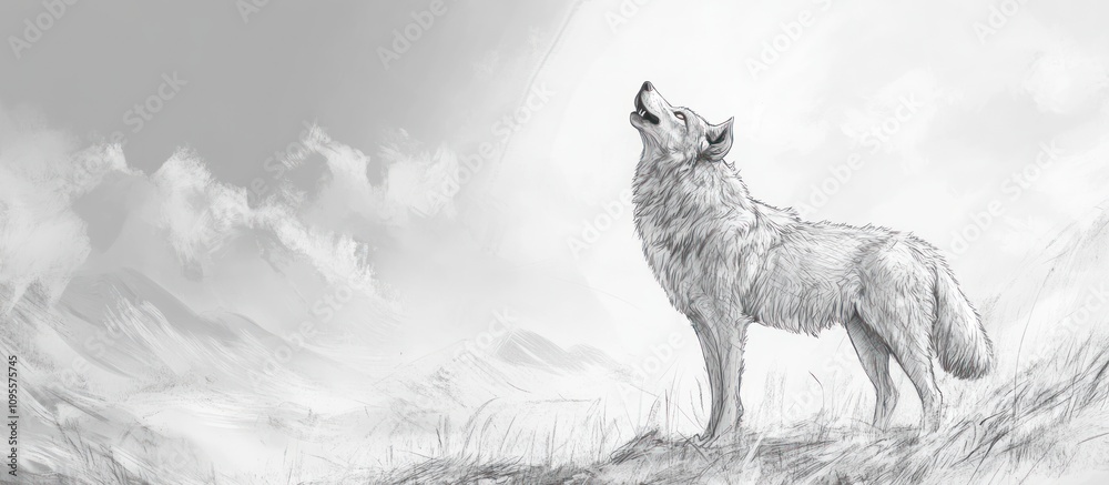 Fototapeta premium Realistic sketch of a wolf howling at the sky, detailed fur texture and rugged appearance 