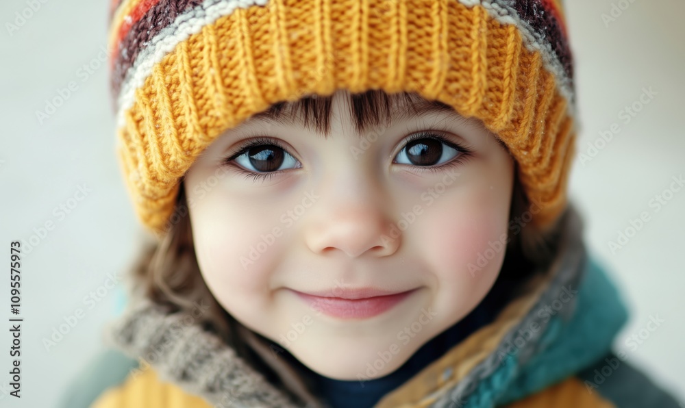 Smiling child with warm hat and cozy jacket, bright eyes, soft expression, winter attire, natural light, close-up portrait Smiling child with warm hat and cozy jacket, bright eyes, soft expression, winter attire, natural light, close-up portrait