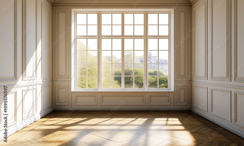 Obraz premium white empty room with shadow window and green plant on white wall luxury background and wooden floor 