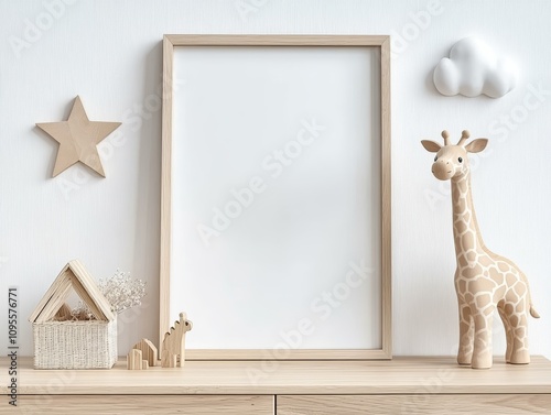 Minimalist Wooden Child's Room Decor Mockup with Framed Picture and Animal Figurines