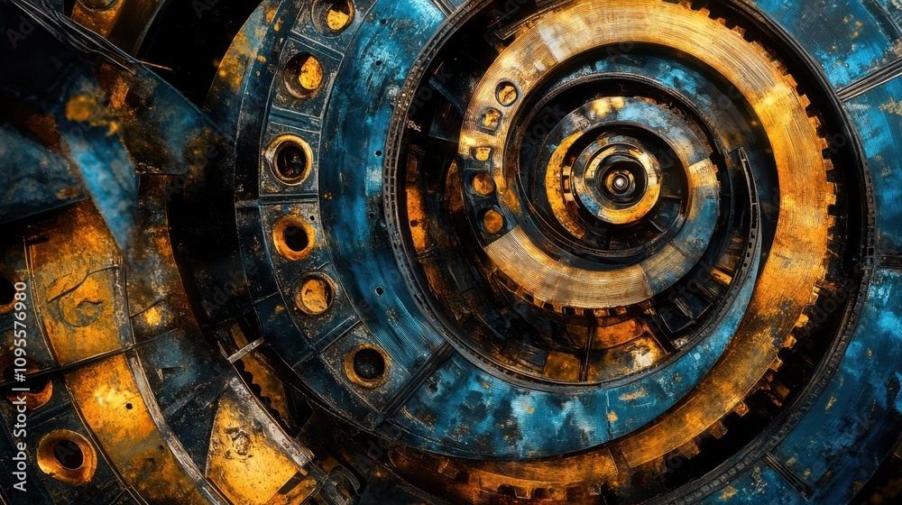 Intricate Abstract Spiral Design Featuring Metallic Textures and Vibrant Colors, Evoking the Feeling of Industrial Innovation and Technology in a Captivating Visual Composition