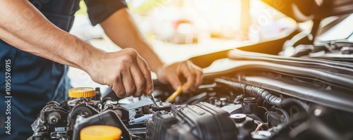 Car engine repair closeup by mechanic in workshop automotive maintenance bright environment focused viewpoint