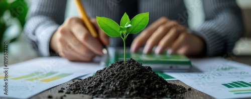 Civil engineer calculating carbon footprint office professional work indoor closeup sustainability impact