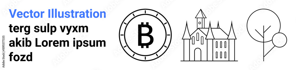 Bitcoin symbol in circle, Gothic-style castle, and minimalist tree. Ideal for cryptocurrency, architecture, minimalism, finance, technology, web design, branding Landing page Bitcoin symbol in circle, Gothic-style castle, and minimalist tree. Ideal for cryptocurrency, architecture, minimalism, finance, technology, web design, branding Landing page