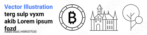 Bitcoin symbol in circle, Gothic-style castle, and minimalist tree. Ideal for cryptocurrency, architecture, minimalism, finance, technology, web design, branding Landing page