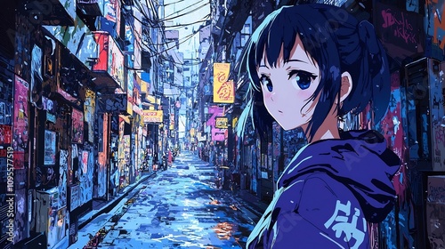 Vibrant and dynamic alleyway filled with colorful graffiti street art and a lively urban culture  Atmospheric night scene showcasing the creative expression and underground art of the city
