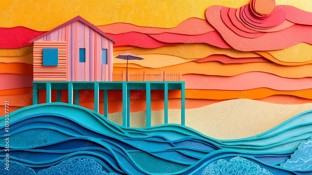 Obraz premium Vibrant Coastal Paper Cut out Design of a Beach House on Stilts with Layered Waves Sand Dunes and a Colorful Sunset Sky