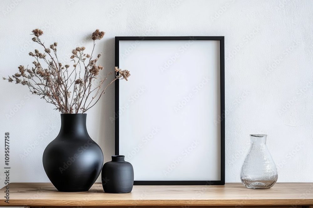 Minimalist Living Room Decor with Blank Frame and Wooden Table Minimalist Living Room Decor with Blank Frame and Wooden Table