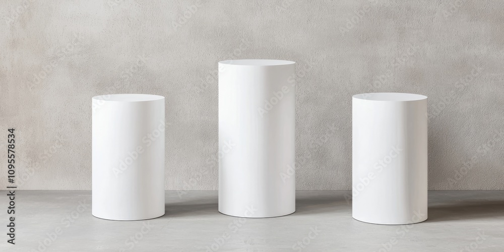 Three minimalist white cylindrical pedestals of varying heights against a textured gray background, creating a modern and clean aesthetic. Three minimalist white cylindrical pedestals of varying heights against a textured gray background, creating a modern and clean aesthetic.