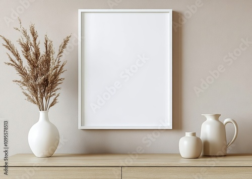Minimalist Modern Interior with Blank Picture Frame on Beige Wall and Light Wooden Dresser