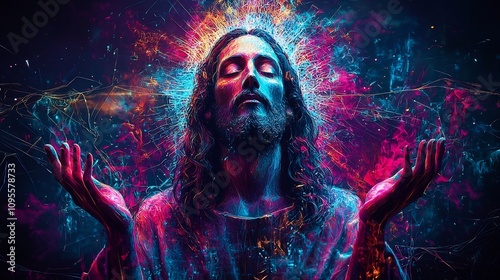Visionary depiction of the divine Christ figure surrounded by swirling psychedelic patterns and vibrant colors evoking a transcendent spiritual energy and cosmic connection