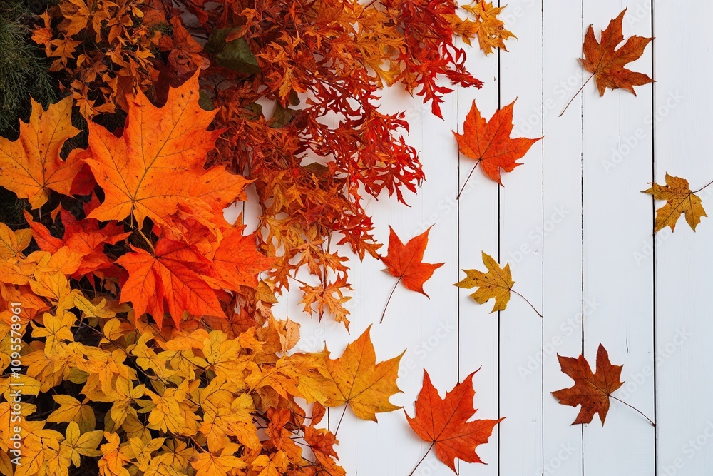 Fototapeta premium Crisp Autumn Foliage in Bright Orange and Tawny with Contrasting White Backdrop