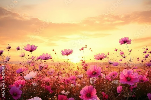 Beautiful Pink and Purple Cosmos Flower Field at Sunset with Serene Sky and Golden Glow