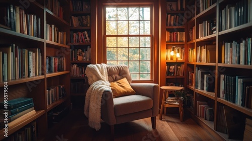 Cozy Reading Nook with Bookshelves, a Chair, and a Window