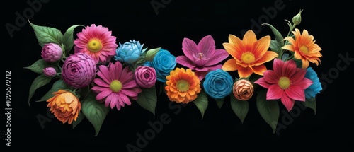 Bouquet of various flowers on a black background. Border, garden flowers. botanical illustration, Horizontal banner. spring, summer, style of boho, postcards,for advertising flower shops