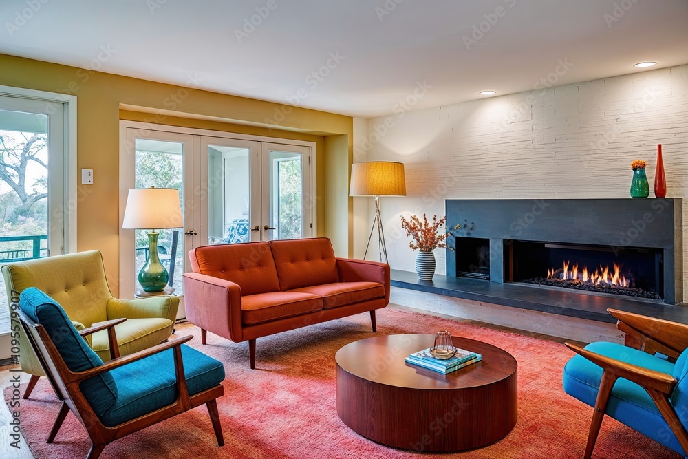 Mid-Century Modern Love Seat and Retro Armchairs in an Inviting Living Space with a Contemporary Fireplace Mid-Century Modern Love Seat and Retro Armchairs in an Inviting Living Space with a Contemporary Fireplace