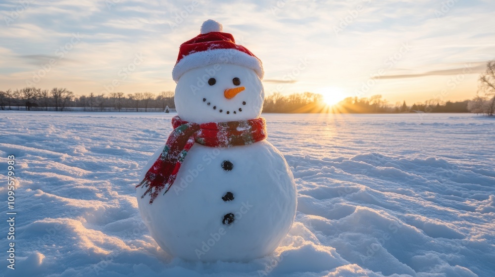 Obraz premium Charming Snowman with Red Hat and Scarf Standing in Fresh Snow Against a Beautiful Winter Sunset in a Scenic Outdoor Landscape