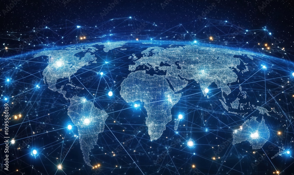 Global network connectivity visualization, illuminated world map with digital connections, stars in background Global network connectivity visualization, illuminated world map with digital connections, stars in background