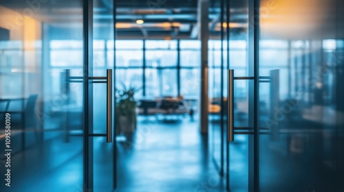 Modern Office Entrance with Glass Doors Leading to a Bright Workspace Featuring Large Windows and Contemporary Design Elements in a Corporate Environment