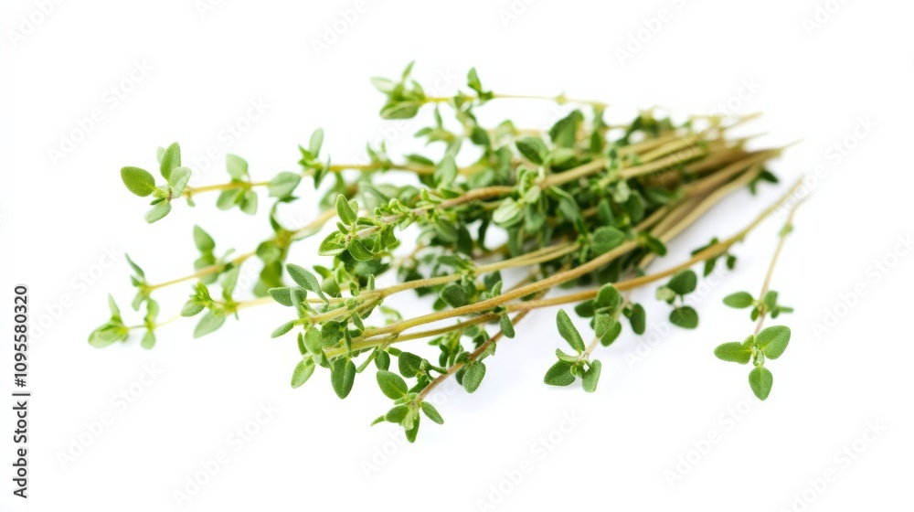 A fresh bunch of thyme sprigs with their small green leaves and delicate stems, Each sprig’s vibrant green color and subtle imperfections captured with precision A fresh bunch of thyme sprigs with their small green leaves and delicate stems, Each sprig’s vibrant green color and subtle imperfections captured with precision