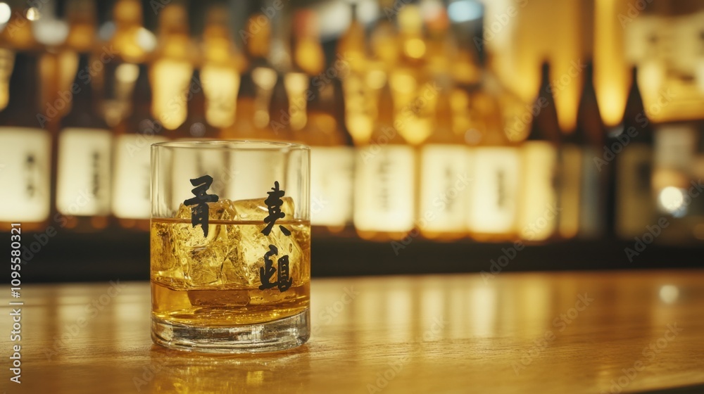 A Close-Up of a Glass of Whiskey with Ice Cubes on a Bar Counter with a Soft Glow from the Background Bottles in a Cozy and Inviting Atmosphere A Close-Up of a Glass of Whiskey with Ice Cubes on a Bar Counter with a Soft Glow from the Background Bottles in a Cozy and Inviting Atmosphere