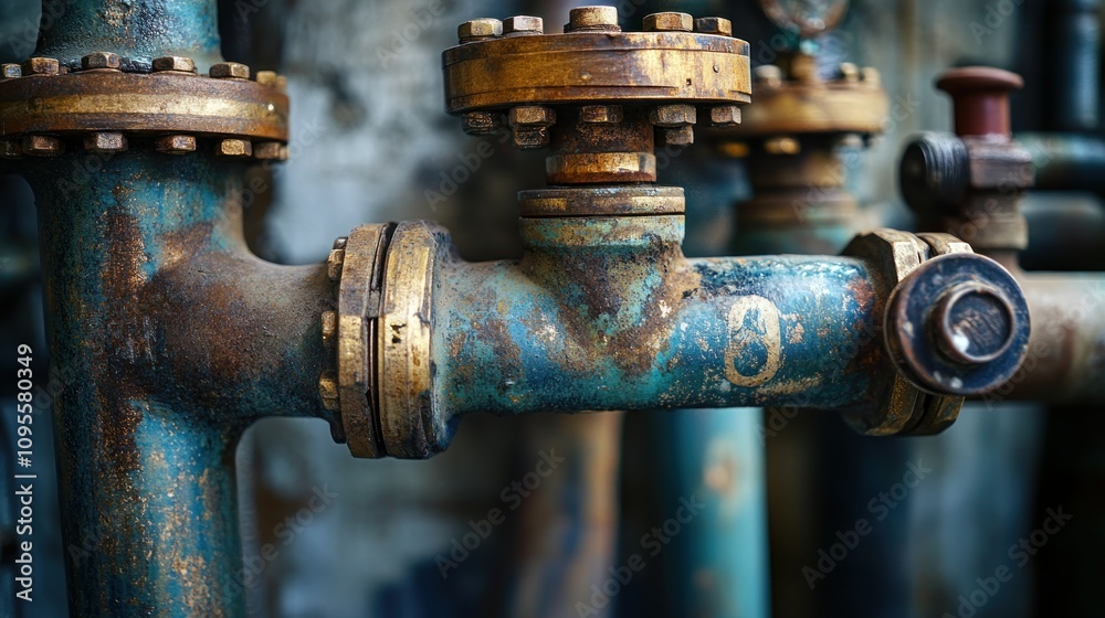 Rusty Metal Pipes and Flanges with Numbered Valve Rusty Metal Pipes and Flanges with Numbered Valve
