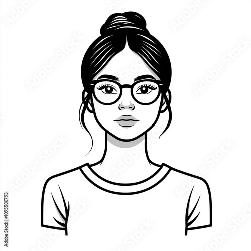 Casual portrait of a young woman wearing glasses with a bun hairstyle and simple attire