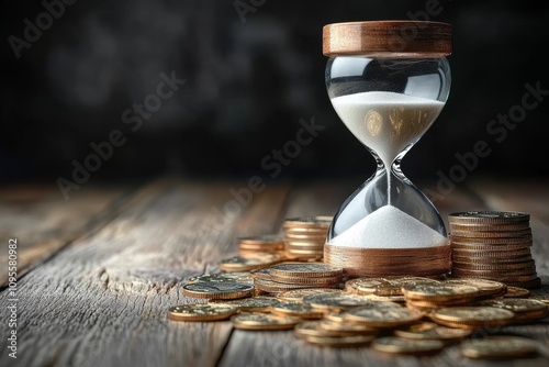 Hourglass with Gold Coins Wealth Time Money Investment Savings Concept photo