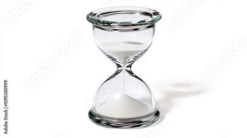 Elegant glass hourglass with flowing white sand showcasing the passage of time, perfect for themes of patience, productivity, and mindfulness in a minimalistic design setting.