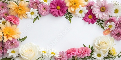 A beautiful collection of colorful flowers arranged in a floral pattern across a pristine white surface, white surface, bouquet display