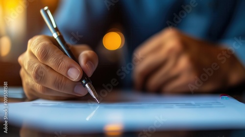 A close-up of a hand holding a pen, writing on a sheet of paper, with a warm ambient light in the background.