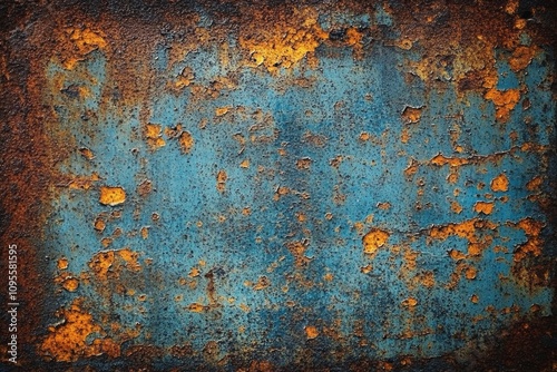 Abstract rust texture close-up vibrant colors orange blue brown rough metal background industrial design photo