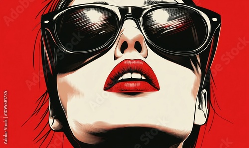 Stylish woman with sunglasses and bold red lips, striking pose against vibrant red background. High contrast, graphic art style, modern aesthetic.